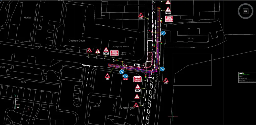 Vanguard Path in BricsCAD, with a route and its swept envelope drawn on a site layout